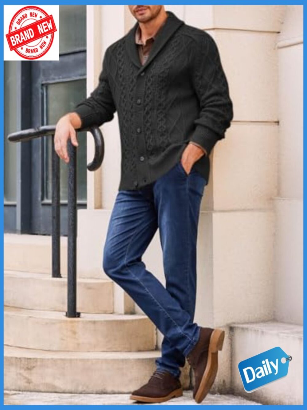 Shawl Collar Cardigan Cable Knitted Men's Fall Winter Chunky Buttons - Picture 4 of 7